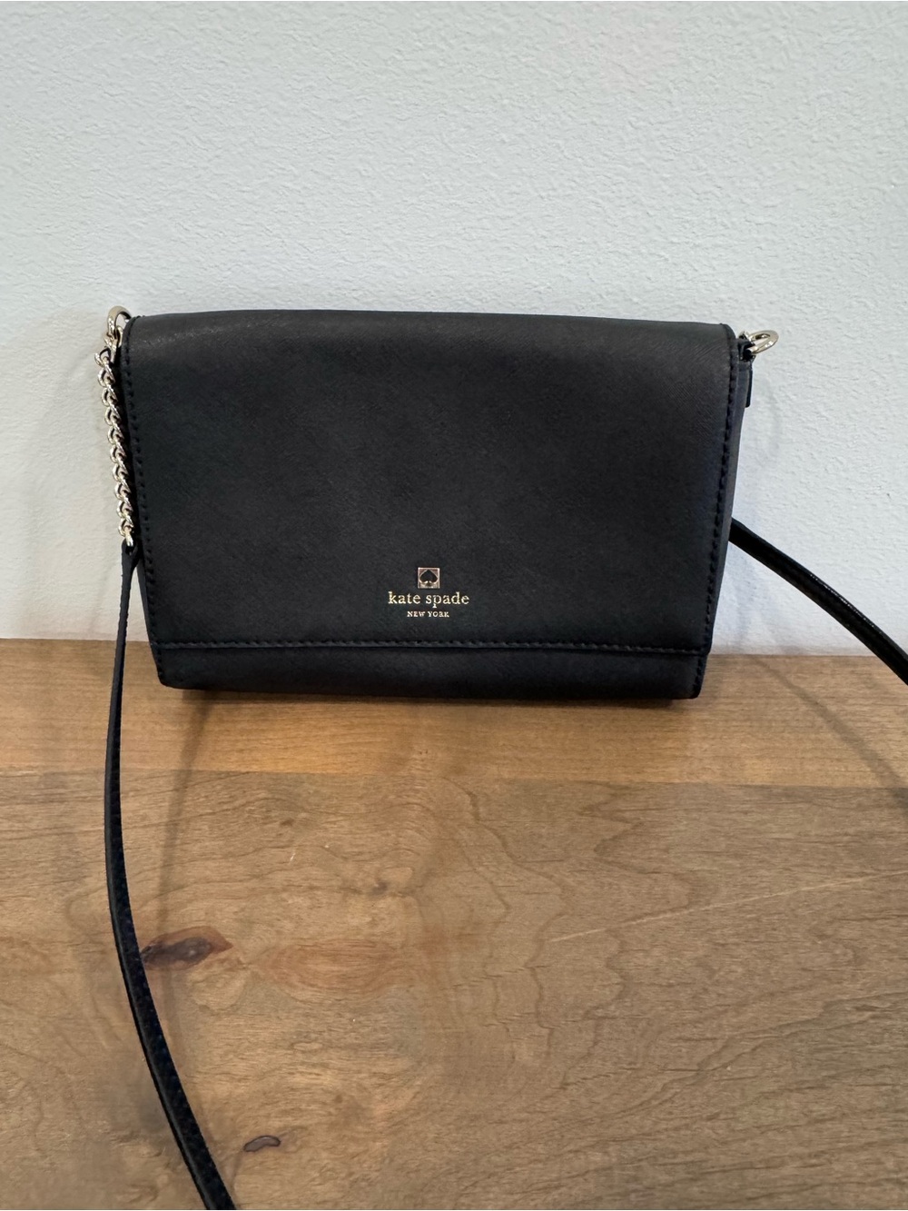 kate spade Black Leather Crossbody Wallet with Chain Strap